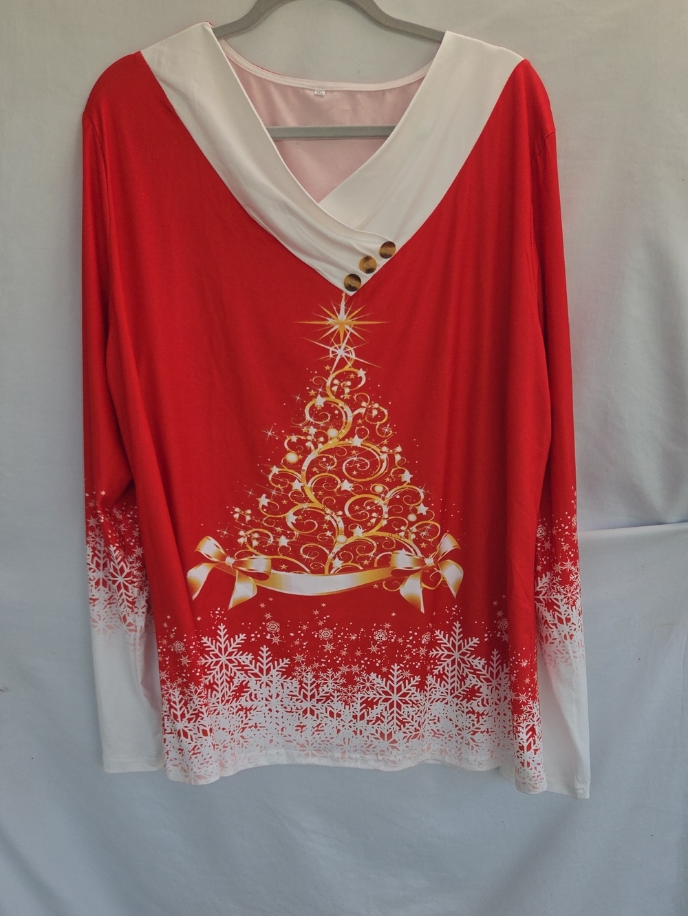 Amazon Red Long-Sleeve Holiday V‑Neck Top with Gold Tree Print 3XL